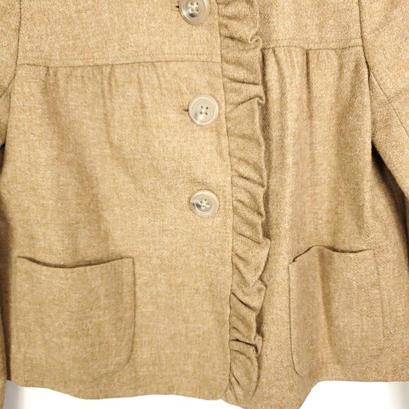 J Crew Blazer WOmens 2 Ruffle Collar Wool Asymmetric Open Twee French Tan Girly - Picture 3 of 8